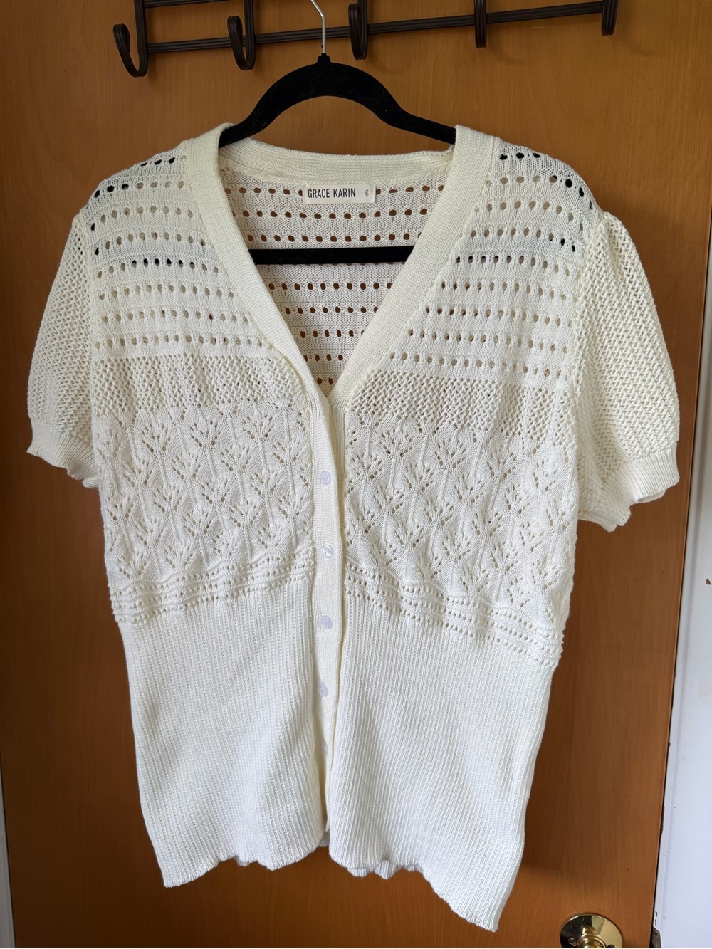 Grace Karin Cream Short-Sleeve Openwork Knit Cardigan
